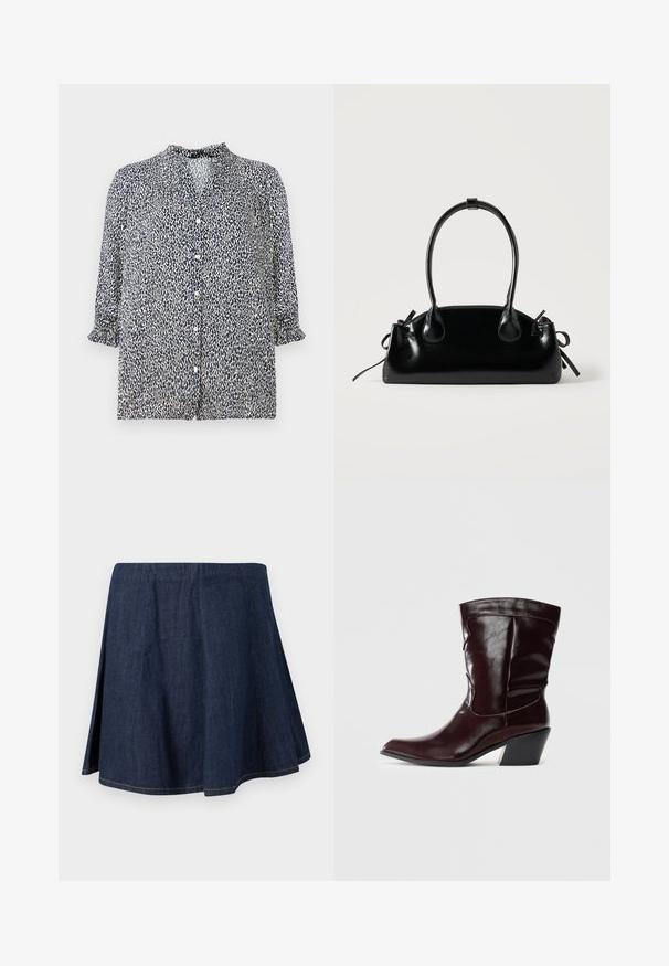 Blouse bleu marine avec un motif léopard, fermeture à boutons et manches 3/4 avec des poignets froncés. Fabriquée en tissu léger.; Jupe trapèze en denim bleu foncé avec fentes latérales et surpiqûres apparentes le long de l'ourlet et des coutures, présentée sur un fond clair uni.; Bottines en cuir bourgogne avec un bout pointu, une surface texturée et un petit talon effilé. Présente une couture discrète et un ajustement confortable.; Petit sac à main noir brillant avec deux longues anses et des détails à cordon sur les côtés sur un fond clair uni.