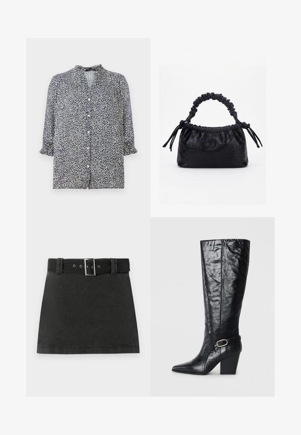 Dunkelblaue Bluse mit Leopardenmuster, Knopfverschluss und 3/4-Ärmeln mit Rüschensaum. Aus leichtem Stoff gefertigt.; Schwarzer Denim-Minirock mit passendem Gürtel, der eine metallische Schnalle und Gürtelschlaufen aufweist, flach auf einem weißen Hintergrund präsentiert.; Schwarze kniehohe Stiefel aus glänzendem Leder, mit einer spitzen Zehe, strukturierter Form und einem dekorativen Riemen mit einer silbernen Schnalle.; Schwarze Handtasche mit Krokodilstruktur, gerafftem oberen Rand, zusammengezogenem Griff und Zugkordeln mit Quasten an jeder Seite vor weißem Hintergrund.