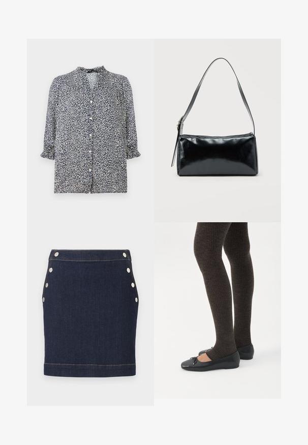 Marineblå bluse med leopardprint mønster, knaplukning og 3/4 ærmer med flæser. Lavet af letvægtsstof.; Mørkeblå denim mini nederdel med seks sølvfarvede trykknapper, tre på hver side, og synlige lysebrune syninger ved talje og kant.; Ben iført mørke ribbede leggings kombineret med sorte balletsko med små sløjfedetaljer på hvid baggrund.; Sort rektangulær skuldertaske med en enkelt justerbar rem og lynlås i toppen på en ensfarvet baggrund.