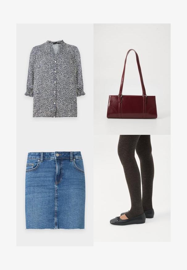 Blouse bleu marine avec un motif léopard, fermeture à boutons et manches 3/4 avec des poignets froncés. Fabriquée en tissu léger.; Mini-jupe en denim bleu avec fermeture avant à boutons et zip, poches avant et poche monnaie, et ourlet brut.; Jambes portant des leggings côtelés foncés associés à des ballerines noires avec de petits détails en nœud sur fond blanc.; Sac à main bordeaux en matériau brillant, de forme rectangulaire, avec deux anses et des accents légèrement courbés à l'avant.