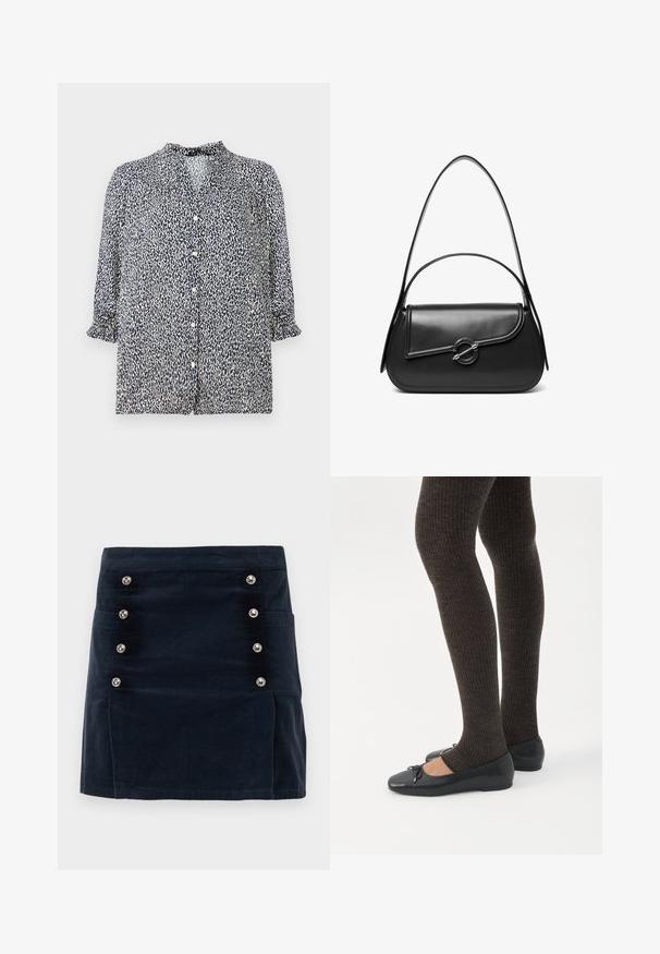 Dunkelblaue Bluse mit Leopardenmuster, Knopfverschluss und 3/4-Ärmeln mit Rüschensaum. Aus leichtem Stoff gefertigt.; Marineblauer Cordrock mit geradem Schnitt, fünf metallischen Knöpfen auf der Vorderseite und zwei seitlichen Taschen für Funktionalität.; Beine in dunklen, gerippten Leggings kombiniert mit schwarzen Ballerinas mit kleinen Schleifendetails auf weißem Hintergrund.; Schwarze Lederschultertasche mit einer geschwungenen Klappe, die durch einen runden Metallverschluss gesichert ist, und einem schlanken, verstellbaren Riemen.