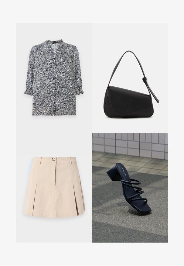 Marineblå bluse med leopardprint mønster, knaplukning og 3/4 ærmer med flæser. Lavet af letvægtsstof.; Beige kort nederdel med forreste plisseringer, knap, lynlås og bæltestropper, vist mod en ensfarvet lys baggrund.; Sort sandal med firkantet tå, tre tynde stropper og blokhæl på fortov nær flisebelagt væg.; Sort læderhåndtaske med en triangular form, skrå klap og et rundt håndtag. Har en glat overflade og minimalistiske design detaljer.