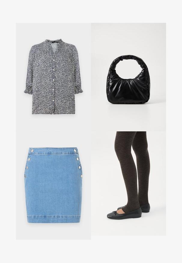Marineblå bluse med leopardprint mønster, knaplukning og 3/4 ærmer med flæser. Lavet af letvægtsstof.; Lyseblå denim mininederdel med sølvfarvede trykknapper langs begge sider og søm i kanten forneden.; Ben iført mørke ribbede leggings kombineret med sorte balletsko med små sløjfedetaljer på hvid baggrund.; Sort polstret håndtaske med et rundt håndtag, der har en glat, skinnende overflade og en blød, kviltet tekstur. Ingen synlige hardware eller accenter.