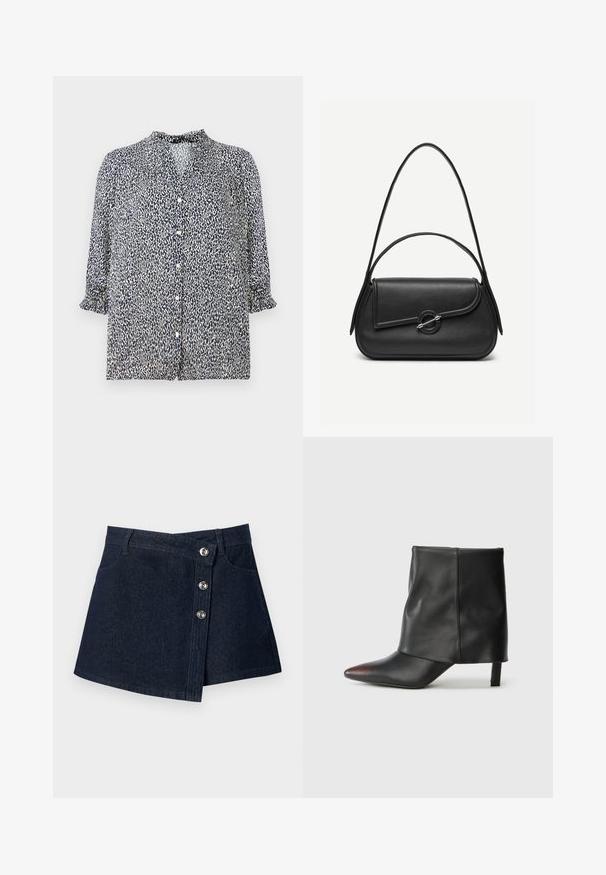 Dunkelblaue Bluse mit Leopardenmuster, Knopfverschluss und 3/4-Ärmeln mit Rüschensaum. Aus leichtem Stoff gefertigt.; Dunkelblauer Jeans-Minirock mit asymmetrischer Vorderseite, silbernen Knopfverschlüssen, Gürtelschlaufen und Vordertaschen vor einfarbigem Hintergrund.; Schwarzer Knöchelstiefel aus glattem Leder mit spitzer Zehenpartie und schmalem Absatz. Das Obermaterial zeichnet sich durch ein leicht gerafftes Design aus.; Schwarze Lederhandtasche mit abgerundeten Kanten, asymmetrischem Überschlag, metallfarbenem runden Verschluss und kurzen sowie langen Schulterriemen.
