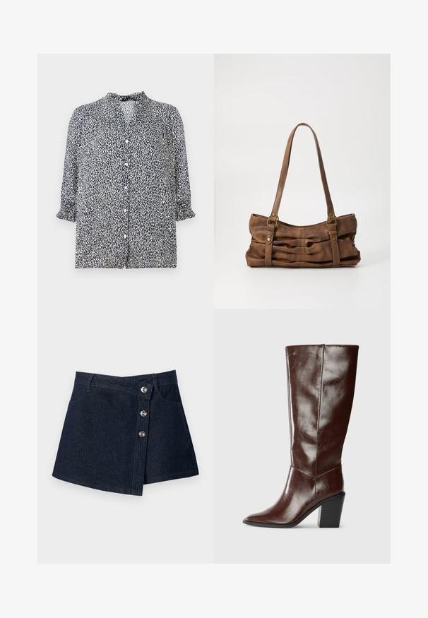 Navy blauwe blouse met een luipaardprint, knoopsluiting en 3/4 mouwen met gerimpelde manchetten. Gemaakt van lichtgewicht stof.; Donkerblauwe denim minirok met asymmetrische voorkant, zilverkleurige knoopsluitingen, riemlussen en steekzakken vooraan op effen achtergrond.; Hoge donkerbruine leren laars met een spitse neus en een gestapelde blokhak, vanuit de zijkant weergegeven op een effen achtergrond.; Even&Odd Handtas - brown