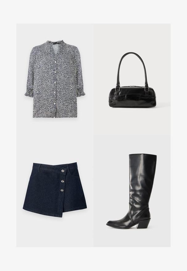 Marineblå bluse med leopardprint mønster, knaplukning og 3/4 ærmer med flæser. Lavet af letvægtsstof.; Mørkeblå denim mininederdel med asymmetrisk front, sølvfarvede knapper, bæltestropper og forlommer på ensfarvet baggrund.; Sorte læder knæhøje støvler med spids tå, vinklet hæl og glat tekstur. Funktioner en subtil syning langs siden.; Sort læderhåndtaske med rektangulær form, der har et enkelt struktureret håndtag, sølvhardware og lynlås-lukning. Glat tekstur.