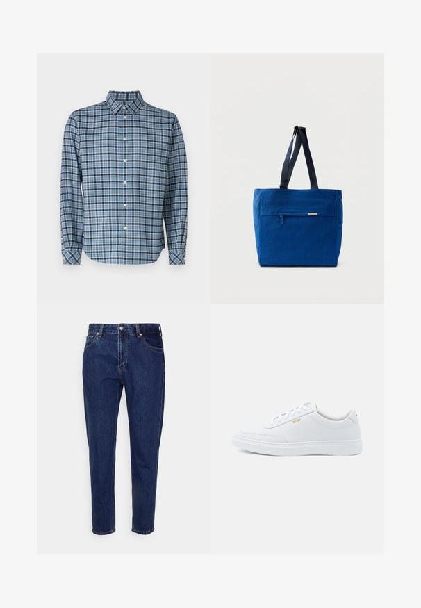 Chemise boutonnée en coton tissé, motif tartan bleu et noir, à manches longues, avec col, boutons blancs et poignets ajustables.; Jean droit en denim bleu foncé avec fermeture à bouton et zip à l'avant, passants pour ceinture, poches avant et arrière.; Baskets blanches en cuir avec une texture lisse, bout rond et coutures tonales. Possède des lacets bleus et un logo doré sur le côté.; Sac fourre-tout en toile bleue avec une poche zippée à l'avant, des doubles bretelles et une forme rectangulaire. Dispose d'une étiquette de marque discrète.