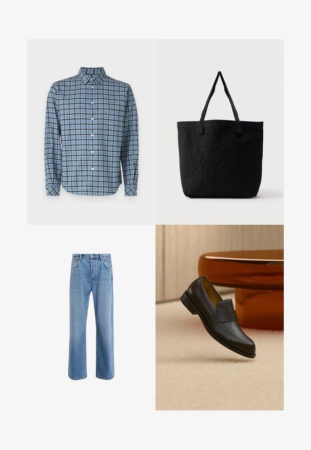 Skjorte med knapper i vævet bomuld, blå og sort ternet mønster, lange ærmer, krave, hvide knapper og justerbare cuffs.; Lyseblå denim jeans med lige ben-design, fem lommer, knaplukning, minimal falming og kontraststingdetaljer.; Sort læder loafers med lav hæl svævende over beige tæppe ved rundt brunt bord.; Sort canvas-tote-taske med to skulderstropper og et diskret præget cirkeldesign på fronten.