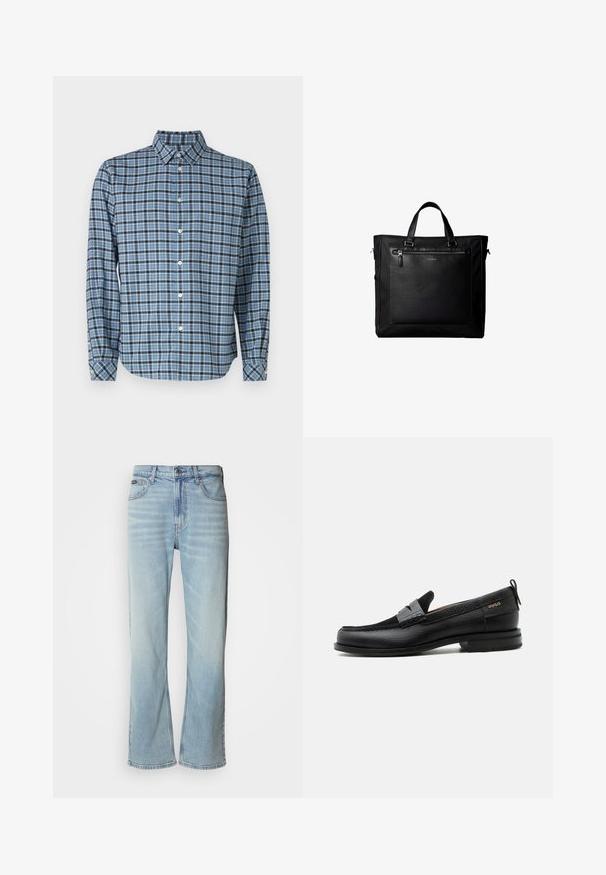 Skjorte med knapper i vævet bomuld, blå og sort ternet mønster, lange ærmer, krave, hvide knapper og justerbare cuffs.; Lyseblå denimjeans med lige ben, der har fem lommer, knaplukning og en subtil falmning på stoffet.; Sort læderloafer med grå remdetalje, lav hæl og tekstureret sål, mærket med "HUGO" i guld på siden.; Sort taske med dobbelte håndtag, stor læderlomme foran med lynlås og diskret Calvin Klein-logo midt på lommen.