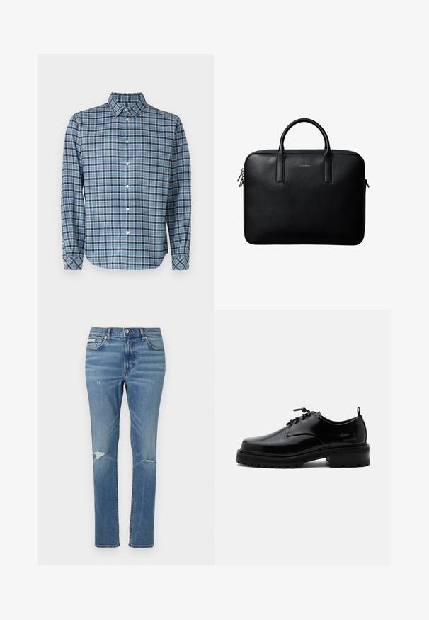 Skjorte med knapper i vævet bomuld, blå og sort ternet mønster, lange ærmer, krave, hvide knapper og justerbare cuffs.; Lyseblå denimjeans med lige ben, som har slidte detaljer ved knæene og klassisk fem-lomme stil.; Sort poleret læder snørestøvle med tyk gummisål og lav hæl, sideskilt med mærketekst "SAMSOE" og bageste træksnor.; Sort tekstureret lædermappe med dobbelte håndtag og sølv lynlås, centreret på hvid baggrund.