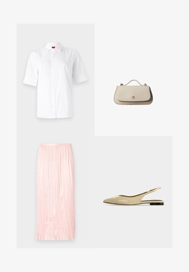 Camisa de botón blanca de manga corta con un cuello clásico, hecha de una tela suave. Presenta un logo bordado en el área del pecho izquierdo.; Falda midi plisada en rosa suave, con una textura suave y una cintura elástica. Diseñada con pliegues verticales que le dan un aspecto fluido.; Zapato plano beige con puntera puntiaguda, diseño slingback, tacón bajo negro y acabado en cuero liso, mostrado de perfil sobre un fondo liso.; Pequeño bolso de mano de cuero beige con asa superior y logo plateado de CK en la solapa frontal, mostrado sobre un fondo blanco.