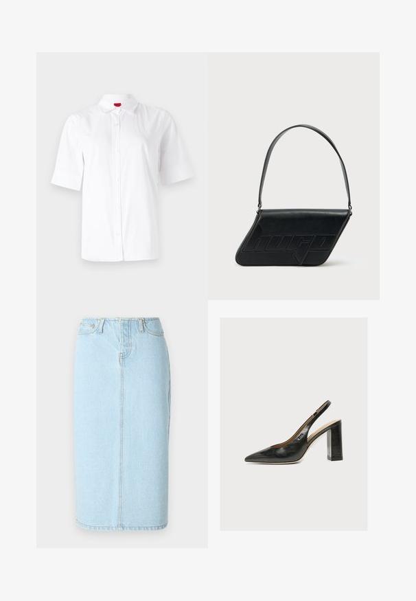 Chemise blanche à manches courtes avec col classique, fabriquée en tissu lisse. Présente un logo brodé sur la zone gauche de la poitrine.; Jupe crayon en denim bleu clair avec taille haute, design à cinq poches et détails de couture subtils le long des coutures.; Chaussure slingback femme en cuir noir avec bout pointu et talon bloc épais et haut sur fond blanc.; Sac d'épaule en cuir noir de forme triangulaire, avec un logo embossé et une seule bandoulière réglable. Design minimaliste avec une texture lisse.