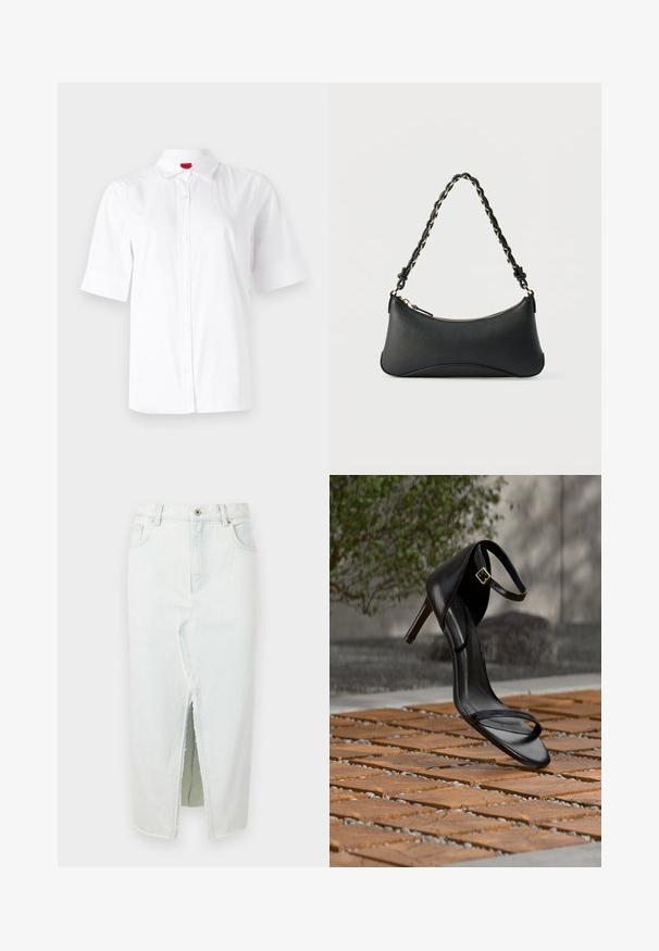 Camisa de botón blanca de manga corta con un cuello clásico, hecha de una tela suave. Presenta un logo bordado en el área del pecho izquierdo.; Falda de mezclilla azul claro con una abertura frontal, dobladillo sin acabar, dos bolsillos frontales y cierre de botón. Silueta recta, diseño hasta el tobillo.; Sandalia negra de tacón alto con correa en el tobillo, parece suspendida sobre un suelo de baldosas de madera al aire libre, con un fondo difuminado de vegetación y piedra.; Bolso de hombro de cuero negro con forma rectangular curvada, cadena dorada entrelazada en una correa negra trenzada y cierre superior con cremallera.