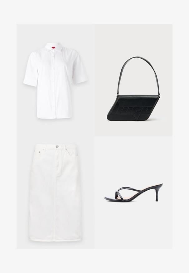Hvid kortærmet skjorte med knaplukning og klassisk krave, lavet af glat stof. Har et broderet logo på venstre brystområde.; Hvid denimnederdel med lynlås foran, fem lomme-design og lige silhuet med stikninger.; Sort laklædersandal med hæl, tynde krydsede remme og en slank mellemhøj stilethæl på en hvid baggrund.; Sort skuldertaske i læder med trekantet form, præget logo og en enkelt justerbar rem. Minimalistisk design med glat tekstur.