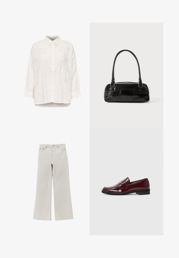 Hvid skjorte med knapper, lange ærmer og blomsterformet udskæringsbroderi, krave og let rundet kant.; Off-white viddebenede denimjeans med høj talje, forreste knap, lynlåslukning og fem-lomme design.; Burgunderfarvede patentlæder loafers med en rund tå, der har et dekorativt bånd og guldaccent, sat på en sort gummisål.; Sort læderhåndtaske med rektangulær form, der har et enkelt struktureret håndtag, sølvhardware og lynlås-lukning. Glat tekstur.