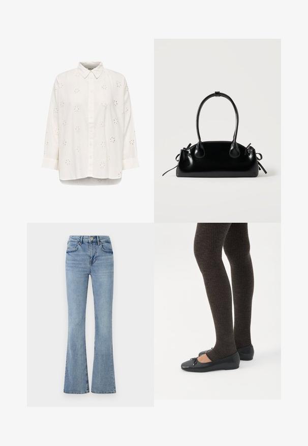 Hvid skjorte med knapper, lange ærmer og blomsterformet udskæringsbroderi, krave og let rundet kant.; Lyseblå denimjeans med høj talje, frontknap og lynlås, fem lommer og let udvidede ben.; Ben iført mørke ribbede leggings kombineret med sorte balletsko med små sløjfedetaljer på hvid baggrund.; Lille sort blank håndtaske med to lange håndtag og snøre-detaljer i siden på en ensfarvet lys baggrund.