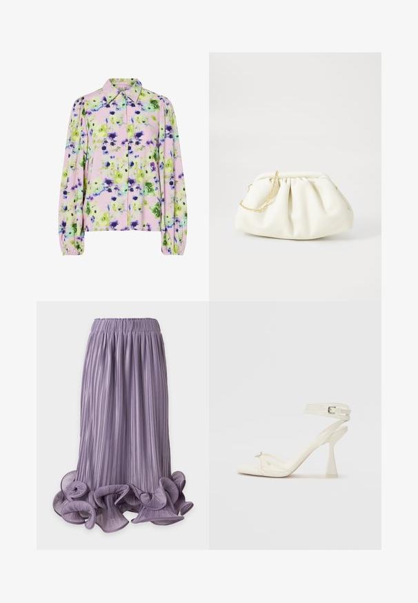 Blomstret bluse i pastelfarvet pink stof med grønne og lilla blomster mønstre, kraveudskæring og puffede lange ærmer.; Lavendel plisseret mellemlang nederdel med bølget, krøllet kant og elastisk taljebånd på en ensfarvet baggrund.; Sandal med høj hæl i hvid læder med et elegant design, en transparent blokhæl og et dekorativt element ved tåen.; Hvid læderhåndtaske med en samlede design, forsynet med en guldkæde-strop og en rund form. Glat tekstur med bløde folder og ingen mønstre.