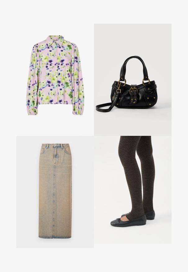 Blomstret bluse i pastelfarvet pink stof med grønne og lilla blomster mønstre, kraveudskæring og puffede lange ærmer.; En lang denimnederdel i lyseblå med lige snit. Har fem lommer, bæltestropper og knaplukning foran. Fadede tekstur over det hele.; Ben iført mørke ribbede leggings kombineret med sorte balletsko med små sløjfedetaljer på hvid baggrund.; Sort læderhåndtaske med guldbælge og nitdetaljer, korte håndtag og en justerbar skulderrem på en ensfarvet hvid baggrund.