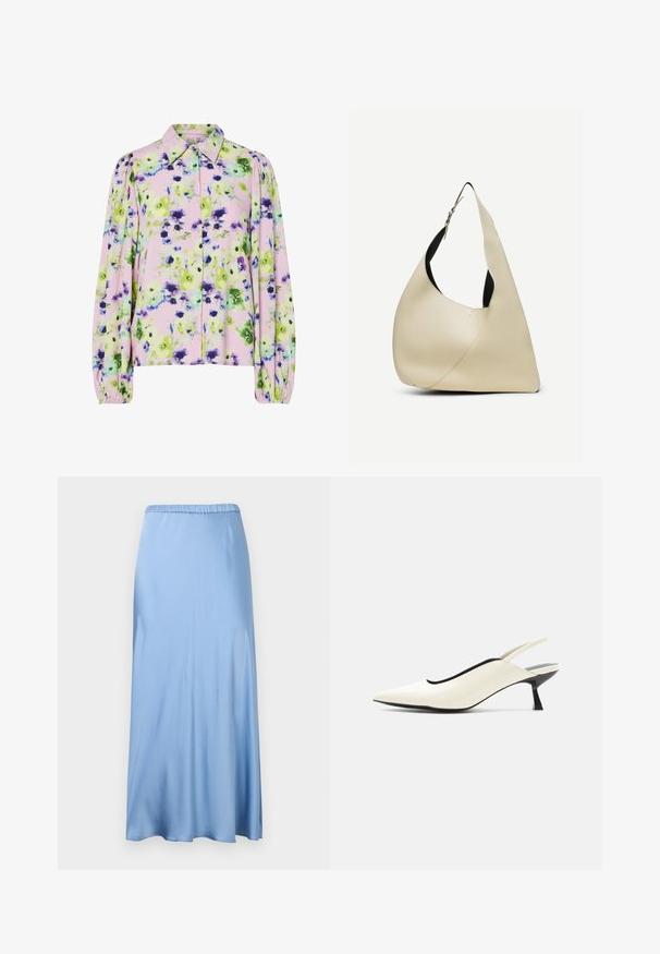 Blomstret bluse i pastelfarvet pink stof med grønne og lilla blomster mønstre, kraveudskæring og puffede lange ærmer.; Lys blå satin midi nederdel med elastisk taljebånd, der har en glat tekstur og en let A-formet silhuet. Ingen synlige mønstre eller accenter.; Cremefarvet spids tå slingback-sko med lav sort kittenhæl og glat læderfinish på hvid baggrund.; Skuldertaske i cremelærret glat læder med buet trekantet form og justerbar rem med sølvspænde.