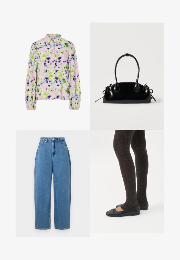 Bloes met bloemenpatroon, vervaardigd uit pastelroze stof met groene en paarse bloemen, met een kraag en opgeblazen lange mouwen.; Lichtblauwe denim broek met een recht gesneden fit, hoge taille en voorste knoopsluiting. Heeft vijf zakken en minimale stikdetails.; Benen met donkere geribbelde leggings gecombineerd met zwarte ballerina's met kleine strikdetails op een witte achtergrond.; Kleine zwarte glanzende handtas met twee lange hengsels en zijkant trekkoord details op een effen lichte achtergrond.