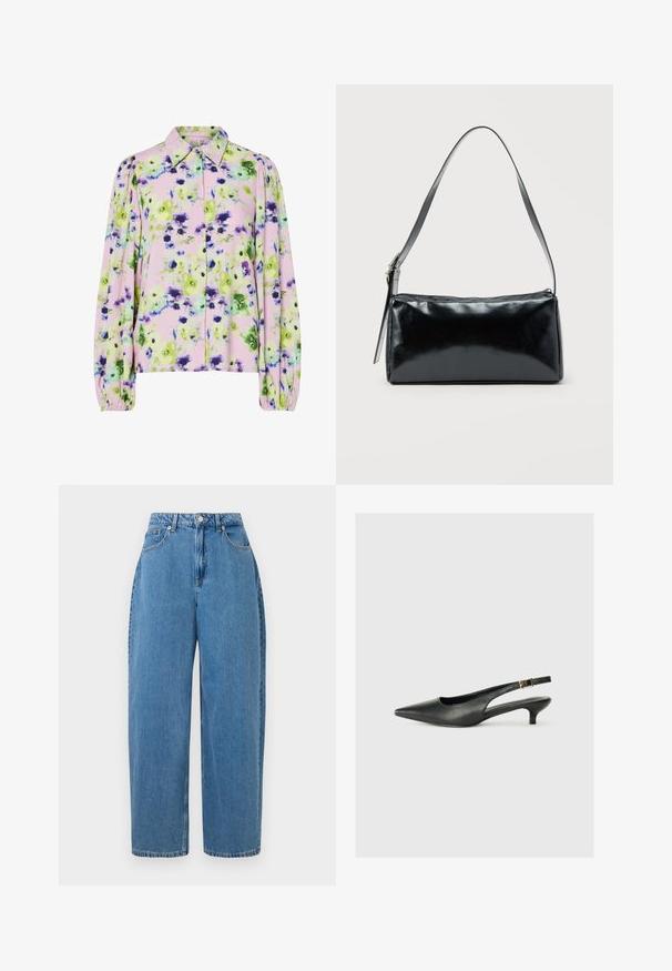 Blumenbluse aus pastellpinkem Stoff mit grünen und lila Blumendrucken, mit Kragen und puffärmeligen langen Ärmeln.; Hellblaue Jeanshose mit geradem Bein, hoher Taille und Knopfverschluss vorne. Verfügt über fünf Taschen und minimale Nähte.; Schwarzer Slingback-Schuh mit spitzem Zehenbereich aus glattem Leder. Mit einem dünnen Absatz und einer dekorativen Schnalle am verstellbaren Riemen.; Schwarze rechteckige Schultertasche mit einem verstellbaren Riemen und einem oberen Reißverschluss vor einfachem Hintergrund.