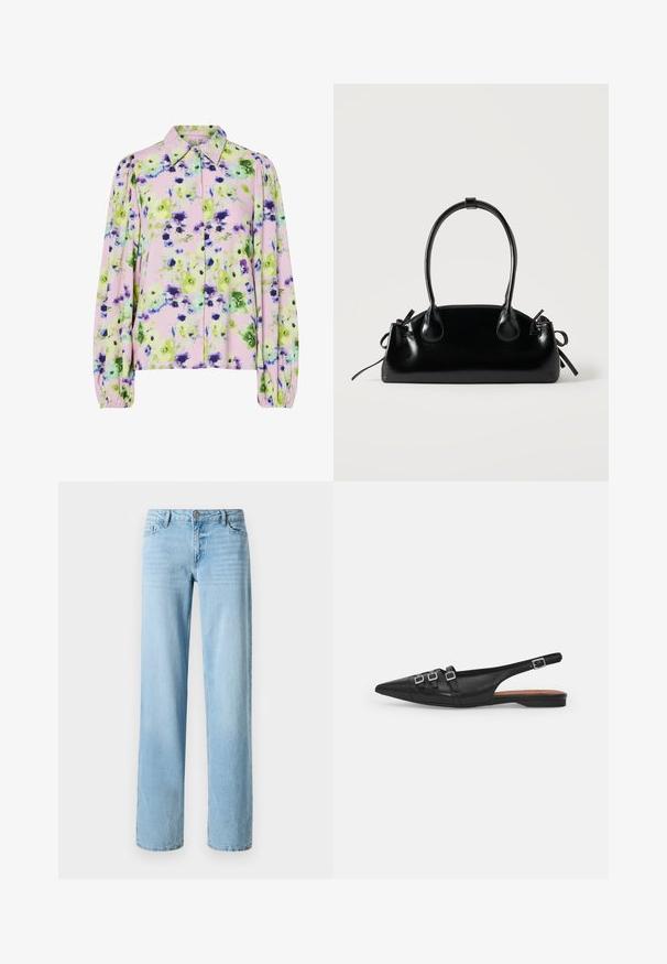 Blomstret bluse i pastelfarvet pink stof med grønne og lilla blomster mønstre, kraveudskæring og puffede lange ærmer.; Lysblå denimjeans, lige ben-design, med fem lommer og en frontlukning med knap. Glat tekstur med subtil falming.; Sort læderslyngeflad sko med spids tå, der har to vandrette stropper og firkantede sølvspænder, lav hæl og glat tekstur.; Lille sort blank håndtaske med to lange håndtag og snøre-detaljer i siden på en ensfarvet lys baggrund.