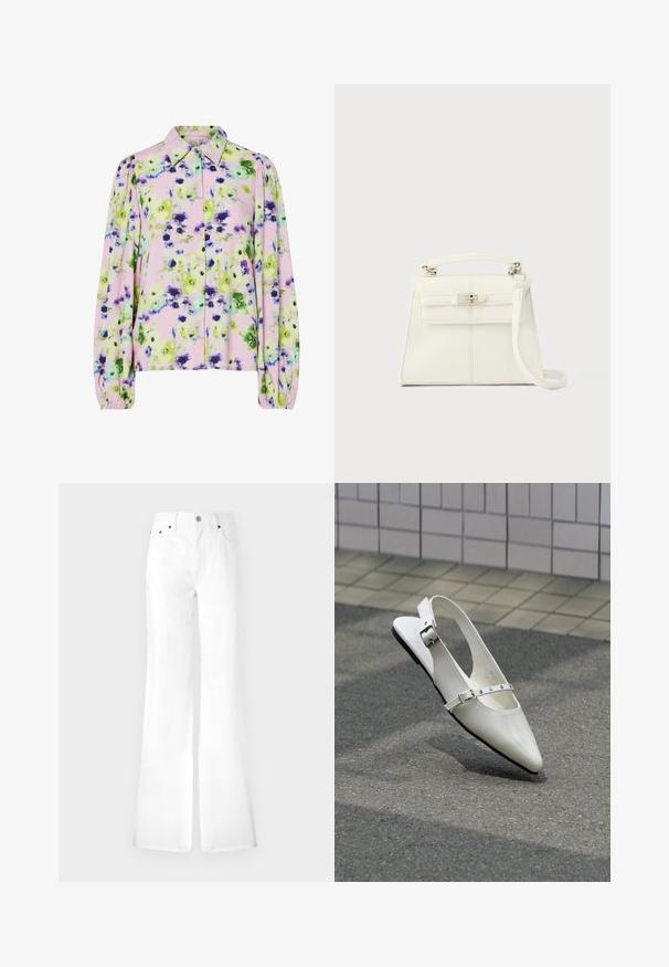 Blomstret bluse i pastelfarvet pink stof med grønne og lilla blomster mønstre, kraveudskæring og puffede lange ærmer.; Hvide denim flared jeans med høj talje, fem lommer og metalknaplukning. Glat tekstur, enkelt design; lige ben der smalner ind ved kanten.; Hvid spids slingback flad sko med to sølvspænder, vist udendørs på tekstureret underlag og flisebelagt væg baggrund.; Hvid læderhåndtaske med en struktureret form, top håndtag, aftagelig skulderrem og en sølv spænde lukning. Glat tekstur, minimalistisk design.