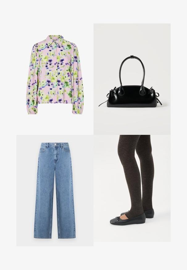 Bloes met bloemenpatroon, vervaardigd uit pastelroze stof met groene en paarse bloemen, met een kraag en opgeblazen lange mouwen.; Lichtblauwe wijde jeans van denim. Heeft een hoge taille, riemlussen, steekzakken aan de voorkant en een enkele achterzak. Soepele textuur.; Benen met donkere geribbelde leggings gecombineerd met zwarte ballerina's met kleine strikdetails op een witte achtergrond.; Kleine zwarte glanzende handtas met twee lange hengsels en zijkant trekkoord details op een effen lichte achtergrond.