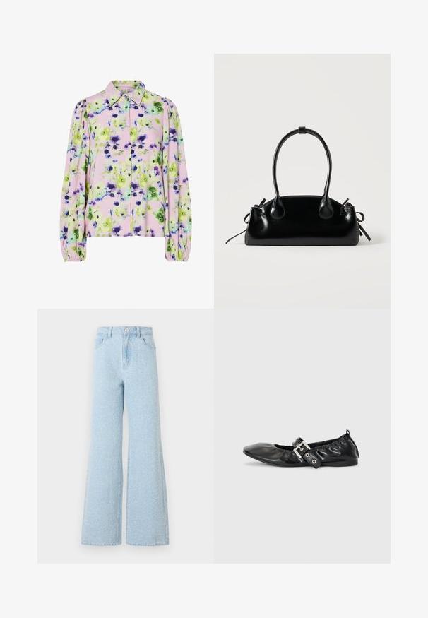 Blomstret bluse i pastelfarvet pink stof med grønne og lilla blomster mønstre, kraveudskæring og puffede lange ærmer.; Lys blå denim vide ben jeans med høj talje, der har en knaplukning, fem lommer og en subtil falmet tekstur.; Sorte læder flade sko med spids tå, samling detaljer omkring åbningen, og en sølv spænde accent på den justerbare rem.; Lille sort blank håndtaske med to lange håndtag og snøre-detaljer i siden på en ensfarvet lys baggrund.