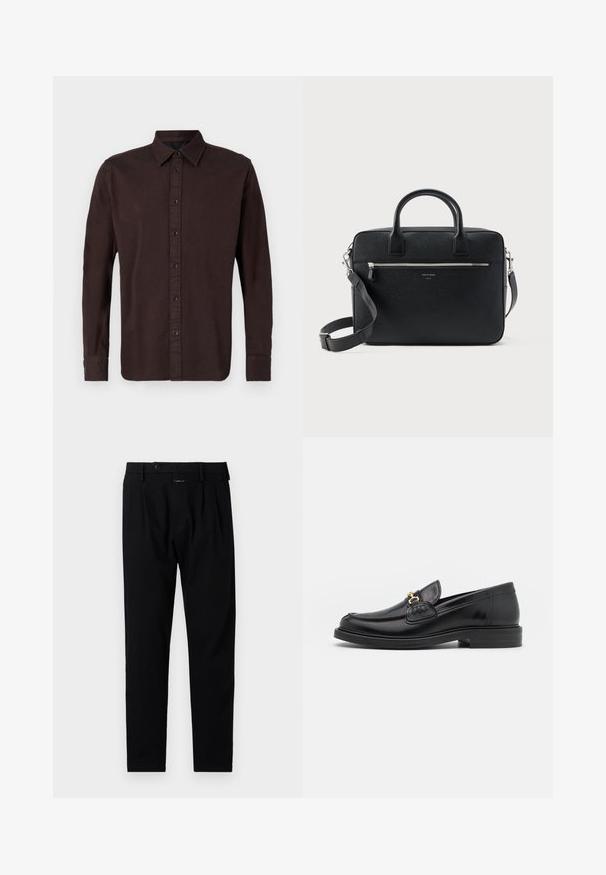 Mørkebrune langærmede skjorte lavet af vævet stof. Har en button-down krave, frontplacket med sorte knapper og knaplukning ved ærmerne.; Sorte bukser med en skrædderfitting, der har glat front, enkelte plisseringer og en knaplukning. Lavet af glat stof, velegnet til formelt tøj.; Sorte læder loafers med en rund tå, der har guld hardware accent og syningsdetaljer, placeret på en lav, tekstureret gummisål.; Sort struktureret rektangulær lædermappe med dobbelthåndtag, lynlåslomme foran og justerbar skulderrem vist på hvid baggrund.