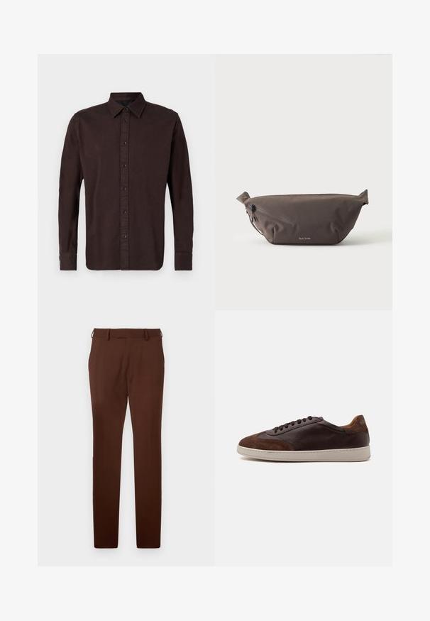 Mørkebrune langærmede skjorte lavet af vævet stof. Har en button-down krave, frontplacket med sorte knapper og knaplukning ved ærmerne.; Brune skræddersyede slim-fit bukser med bæltestropper, flad front og sidelommer, præsenteret mod en hvid baggrund.; Lavtop brune læder- og ruskindsneakers med mørkebrune snørebånd og en hvid gummisål set fra ydersiden.; Mørkebrun stof talje taske med diagonalt lynlåslomme og lille hvidt logo på fronten, sat mod en ensfarvet lys baggrund.