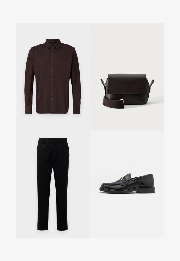 Mørkebrune langærmede skjorte lavet af vævet stof. Har en button-down krave, frontplacket med sorte knapper og knaplukning ved ærmerne.; Sorte denimbukser med straight-leg design, der har knaplukning, fem lommestyle og en glat tekstur.; Sorte læder loafers med en rund tå, der har guld hardware accent og syningsdetaljer, placeret på en lav, tekstureret gummisål.; Mørkebrun lædertaske med flaplukning og justerbar stofrem på hvid baggrund.