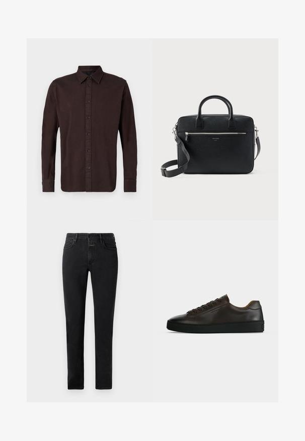 Mørkebrune langærmede skjorte lavet af vævet stof. Har en button-down krave, frontplacket med sorte knapper og knaplukning ved ærmerne.; Sorte slim-fit jeans med fem lommer, knappelukning og bælteløkker lagt fladt på en lys baggrund.; Lavprofil mørkebrune lædersneaker med sort gummisål, snørelukning foran og glat minimalistisk design på lys baggrund.; Sort struktureret rektangulær lædermappe med dobbelthåndtag, lynlåslomme foran og justerbar skulderrem vist på hvid baggrund.