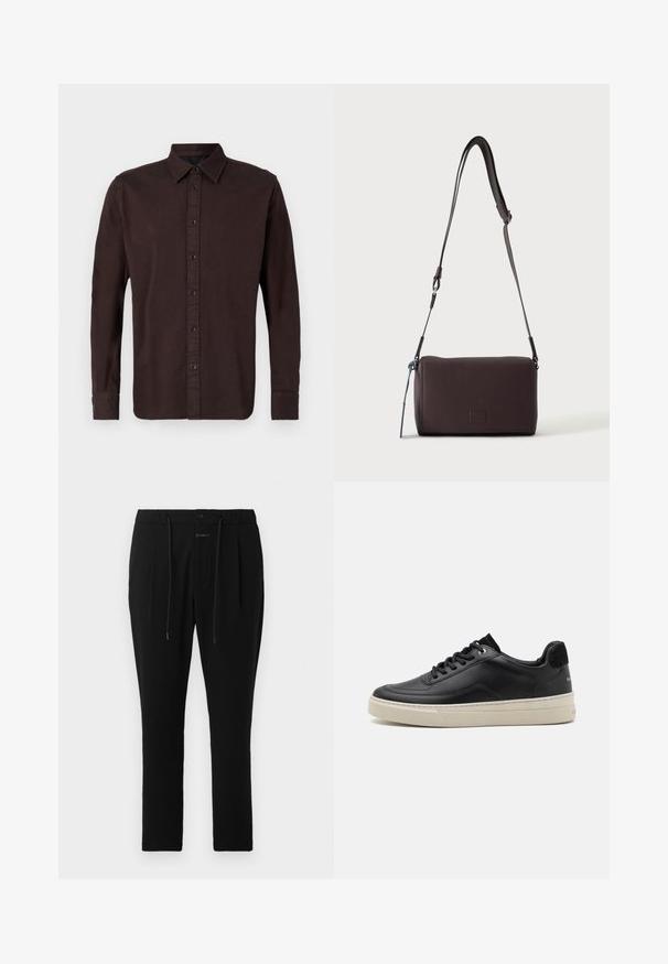 Mørkebrune langærmede skjorte lavet af vævet stof. Har en button-down krave, frontplacket med sorte knapper og knaplukning ved ærmerne.; CLOSED VIGO TAPERED - Chino - dark night; Sort lædersneaker med lav profil, der har en cremefarvet gummisål, rund tå og snøre-design, akkompagneret af en hæl i sort ruskind.; Mørkebrun textured læder crossbody taske med justerbar rem og lille dekorativ blå accent på siden.