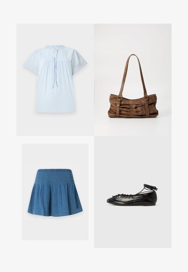 Blusa de manga corta azul claro con tejido texturizado, escote redondo y diseño con pliegues. Presenta un cordón en la parte delantera y acentos sutiles.; Falda azul hasta la rodilla con cintura fruncida y tela recogida para una silueta acampanada, mostrada sobre un fondo blanco liso.; Zapatos planos tipo ballet de charol negro con punta redondeada, diseño con cordones y suela plana. Textura lisa con detalles mínimos.; Even&Odd Bolso de mano - brown