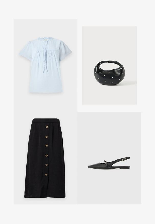 Lichtblauw kort mouwen blouse van gestructureerde stof, met een ronde halslijn en geplooid design. Bevat een trekkoord aan de voorkant en subtiele accenten.; Zwarte midi rok van een gemêleerde stof, met een voorste knoopsluiting met vijf bronzen knopen en een rechte vorm.; Zwarte leren slingback schoenen met een spitse neus, voorzien van een smalle band en een zilveren gesp aan de zijkant. Platte zool.; Zwarte leren handtas met een afgeronde vorm, versierd met zilveren studs, en een korte handgreep. Gladde textuur en ritsluiting.