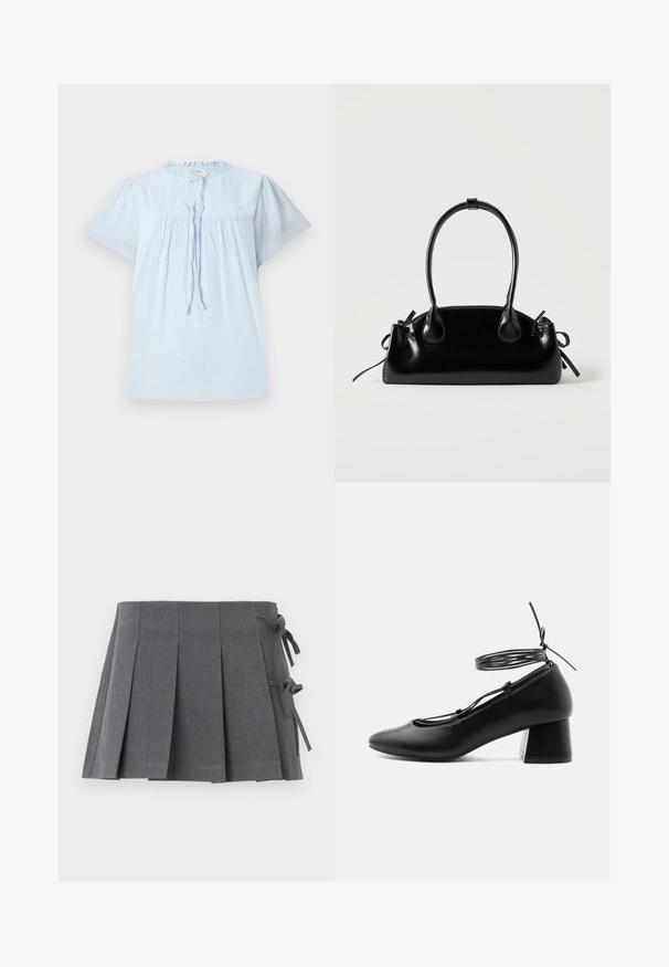 Blusa de manga corta azul claro con tejido texturizado, escote redondo y diseño con pliegues. Presenta un cordón en la parte delantera y acentos sutiles.; Minifalda plisada gris en un tejido texturizado, que presenta un cierre anudado en un lado y una cintura lisa para mayor comodidad.; Zapato negro de piel con tacón medio, punta afilada, tiras cruzadas y atadura alrededor del tobillo sobre fondo blanco.; Pequeño bolso negro brillante con dos asas largas y detalles de cordón lateral sobre un fondo claro liso.