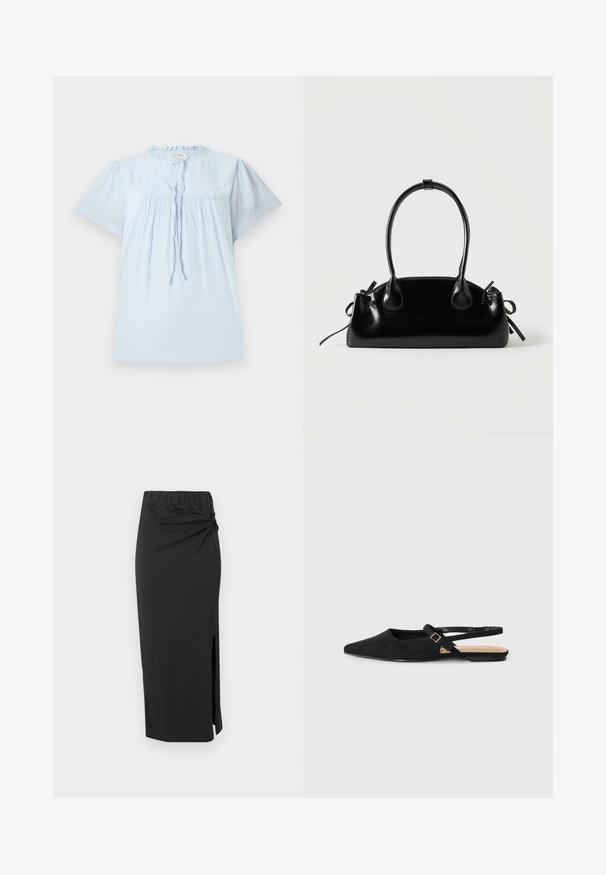 Lichtblauw kort mouwen blouse van gestructureerde stof, met een ronde halslijn en geplooid design. Bevat een trekkoord aan de voorkant en subtiele accenten.; Zwarte, middellange rok van zacht materiaal. Voorzien van een elastische tailleband, een twistdetail bij de heup en een zijsplit. Over het algemeen een soepele textuur.; Call it Spring JORDYNNE - Slingback ballerina´s - black; Kleine zwarte glanzende handtas met twee lange hengsels en zijkant trekkoord details op een effen lichte achtergrond.
