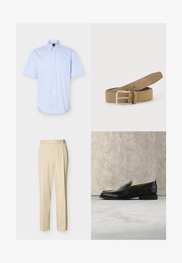 Chemise à manches courtes à rayures verticales bleu clair et blanc, avec col boutonné et logo brodé subtil sur la poitrine.; Pantalon beige à jambe droite avec passants de ceinture et plis sur le devant, sur un fond uni clair.; Mocassin pour homme en cuir noir avec un dessus embossé effet croco et un petit talon, présenté de profil sur un fond neutre.; Ceinture en daim marron clair avec boucle métallique argentée, roulée et posée sur une surface blanche.
