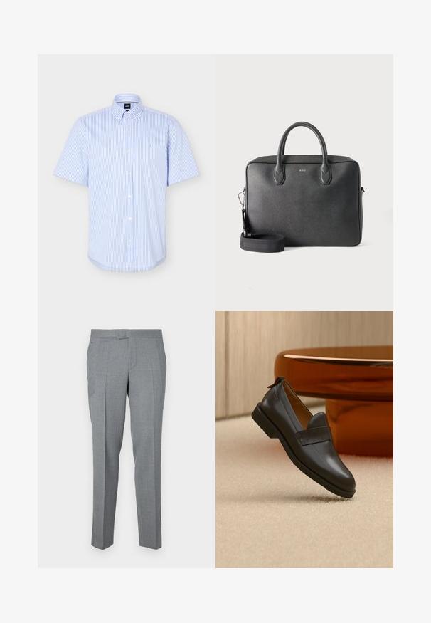 Chemise à manches courtes à rayures verticales bleu clair et blanc, avec col boutonné et logo brodé subtil sur la poitrine.; Pantalons gris ajustés en tissu texturé, avec une taille plate, des passants de ceinture et deux poches latérales. Design à jambe droite.; Mocassin en cuir noir à talon bas flottant au-dessus d'un tapis beige, à côté d'une table brillante couleur ambre dans une pièce minimaliste.; Serviette en cuir noire avec deux poignées supérieures, bandoulière détachable et petit logo BOSS centré à l'avant sur fond uni.