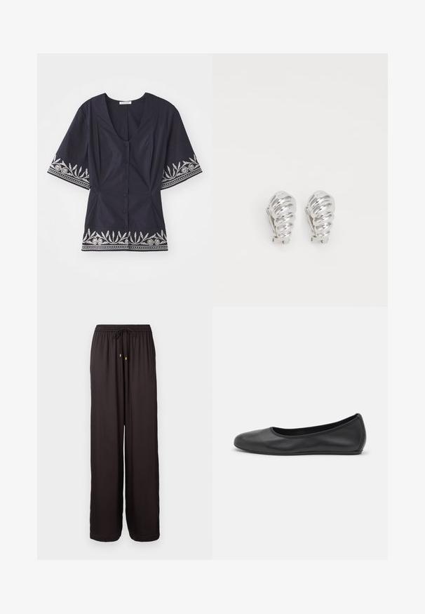 Marineblaue Bluse mit V-Ausschnitt, kurzen Ärmeln und weißer Blumenstickerei am Saum und an den Ärmeln. Verfügt über eine Knopfverschluss.; Locker sitzende schwarze Hose mit elastischem Bund und Zugband mit goldfarbigen Spitzen, mit vollem Bein und geradem Schnitt.; Schwarze Leder-Ballettschuhe mit abgerundeter Spitze, glatter Textur, minimalen Nähdetails und einem flexiblen Sohlen-Design.; Silberne Clip-On-Ohringe mit spiralförmigem Design, das eine glatte metallische Textur und abgerundete Formen aufweist. Keine sichtbaren Verzierungen oder Muster.