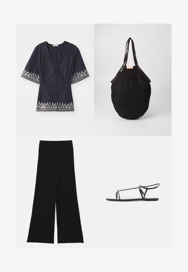 Navyblauwe blouse met een V-hals, korte mouwen en witte bloemenborduursel langs de zoom en mouwen. Voorzien van knoopsluiting.; Zwarte, wijde broek gemaakt van mesh-stof met een trekkoord in de taille. De textuur is ademend en lichtgewicht, ideaal voor casual wear.; Zwarte platte sandaal met dunne bandjes, een teenlus en een verstelbare enkelgesp op een lichtgrijze achtergrond.; Zwarte geweven tas met een ovale vorm, voorzien van gladde handvatten en een gestructureerd netachtig ontwerp. Etiket zichtbaar aan de zijkant.