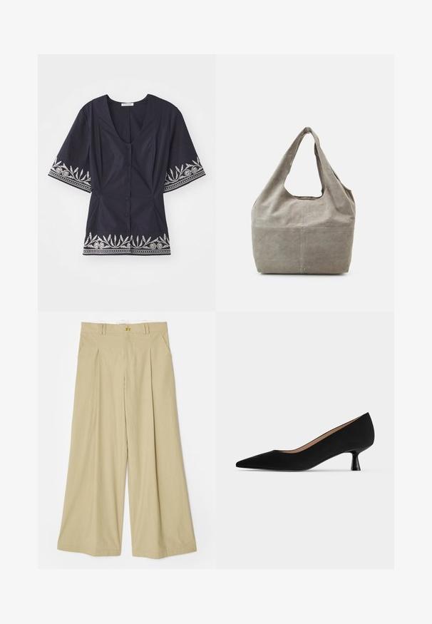 Navyblauwe blouse met een V-hals, korte mouwen en witte bloemenborduursel langs de zoom en mouwen. Voorzien van knoopsluiting.; Beige wijde broek van lichtgewicht stof. Heeft een vlakke voorkant, twee zijzakken en een goudkleurige driehoekaccent op de tailleband.; Zwarte damespump met lage hak, puntige neus, smalle, uitlopende kittenhak en een gladde matte afwerking, zijaanzicht.; Grijze suède totebag met een losjes ontwerp, brede schouderriem en een grote opening. Kenmerkt subtiele stiksels en bodemstuds voor stabiliteit.