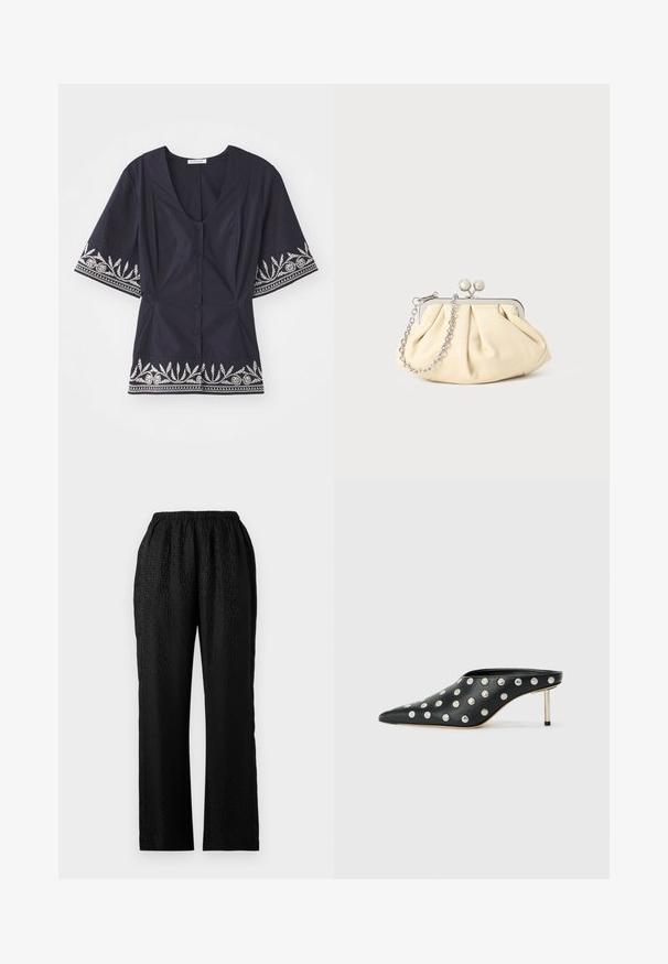 Marineblaue Bluse mit V-Ausschnitt, kurzen Ärmeln und weißer Blumenstickerei am Saum und an den Ärmeln. Verfügt über eine Knopfverschluss.; Schwarze Hose mit elastischem Bund und strukturiertem Design, das ein dezentes Muster aufweist, gerade Beinform und einem leichten Stoff.; STAND STUDIO KELSEY - Pantolette hoch - black; Faltige beigefarbene Ledertasche mit einem silbernen Metallrahmen, ausgestattet mit zwei runden dekorativen Verschlüssen und einem silbernen Kettenriemen.