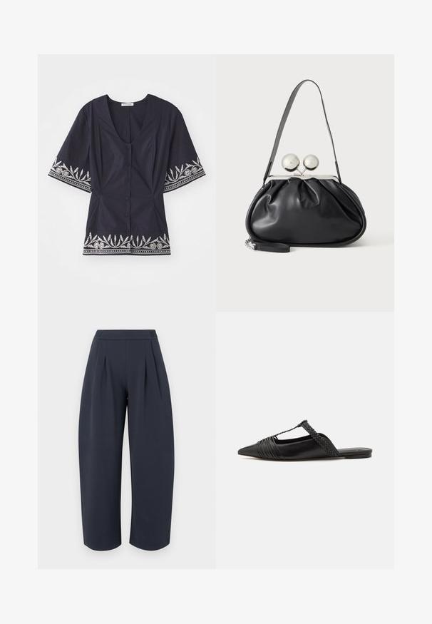 Navyblauwe blouse met een V-hals, korte mouwen en witte bloemenborduursel langs de zoom en mouwen. Voorzien van knoopsluiting.; Donkerblauwe wijde cropped broek met hoge taille en plooien aan de voorkant, getoond tegen een effen lichte achtergrond.; Zwarte leren slingback schoen met een puntige neus, voorzien van een gevlochten accent en geplooid ontwerp aan de bovenkant. Platte zool met minimale hardware.; Zwarte leren handtas met een geplooid ontwerp, een enkele schouderband, zilverkleurige metalen omlijsting en twee grote ronde zilveren sluitingen.