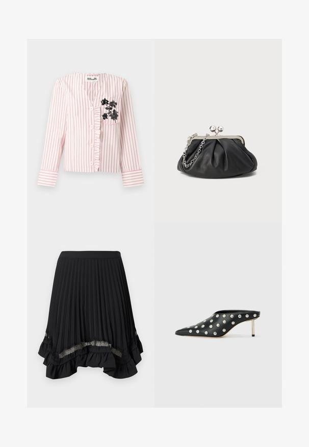 Blouse à manches longues rayée rose et blanche avec boutons sur le devant, bordure à volants et broderie florale noire sur la poche poitrine gauche.; Jupe plissée noire avec un ourlet à volants, ornée d'accents en dentelle en bas. Fabriquée en tissu léger avec une texture lisse.; STAND STUDIO KELSEY - Mules à talons - black; Porte-monnaie en cuir noir avec texture froncée, cadre en métal argenté, fermeture à verrouillage kiss-lock et bandoulière en chaîne. Surface lisse et douce.