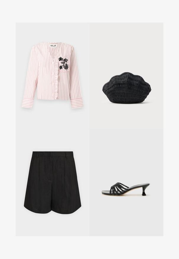 Blouse à manches longues rayée rose et blanche avec boutons sur le devant, bordure à volants et broderie florale noire sur la poche poitrine gauche.; Shorts noirs taille haute ajustés avec passants de ceinture, plis frontaux et ourlet légèrement évasé sur un fond clair uni.; Sandales à talons noirs avec bout ouvert, ornées de plusieurs lanières scintillantes noires et d'un petit talon évasé. Texture lisse et brillante.; Sac à main en osier noir en forme de coquille Saint-Jacques avec un dessus courbé et une texture tressée sur un fond uni.