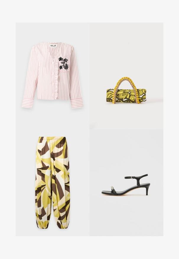 Blouse à manches longues rayée rose et blanche avec boutons sur le devant, bordure à volants et broderie florale noire sur la poche poitrine gauche.; Pantalon ample avec taille et poignets élastiques, présentant un motif abstrait dans des tons jaunes, marron, beige et blanc.; Sandale noire en cuir à talon avec bride à la cheville, bout ouvert, devant carré et accent en métal argenté. Design ajusté avec un profil élégant.; Sac rectangulaire avec motif floral jaune et noir et anse tressée jaune et rose sur fond blanc.
