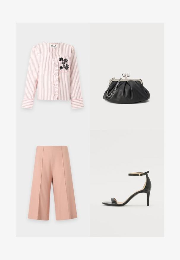 Blouse à manches longues rayée rose et blanche avec boutons sur le devant, bordure à volants et broderie florale noire sur la poche poitrine gauche.; AERON PEN - Short - mottled pink; Sandale à talons hauts en cuir noir avec une lanière de cheville. Présente une texture lisse, un bout ouvert et un talon fin. Détail de boucle en ton doré.; Porte-monnaie en cuir noir avec texture froncée, cadre en métal argenté, fermeture à verrouillage kiss-lock et bandoulière en chaîne. Surface lisse et douce.
