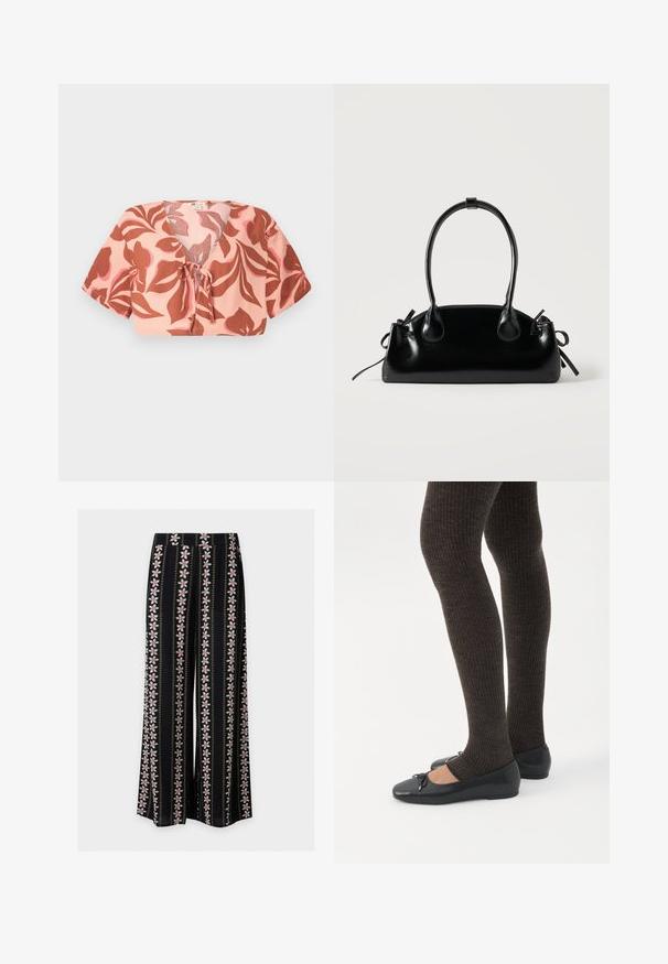 Top court en tissu rose pastel avec un motif floral en rouille et rose doux, noué à l'avant, avec des manches courtes et un décolleté en V.; Pantalon noir à jambes larges avec des rayures florales verticales roses et blanches et de petites lignes pointillées jaunes alternant dans le motif.; Jambes portant des leggings côtelés foncés associés à des ballerines noires avec de petits détails en nœud sur fond blanc.; Petit sac à main noir brillant avec deux longues anses et des détails à cordon sur les côtés sur un fond clair uni.